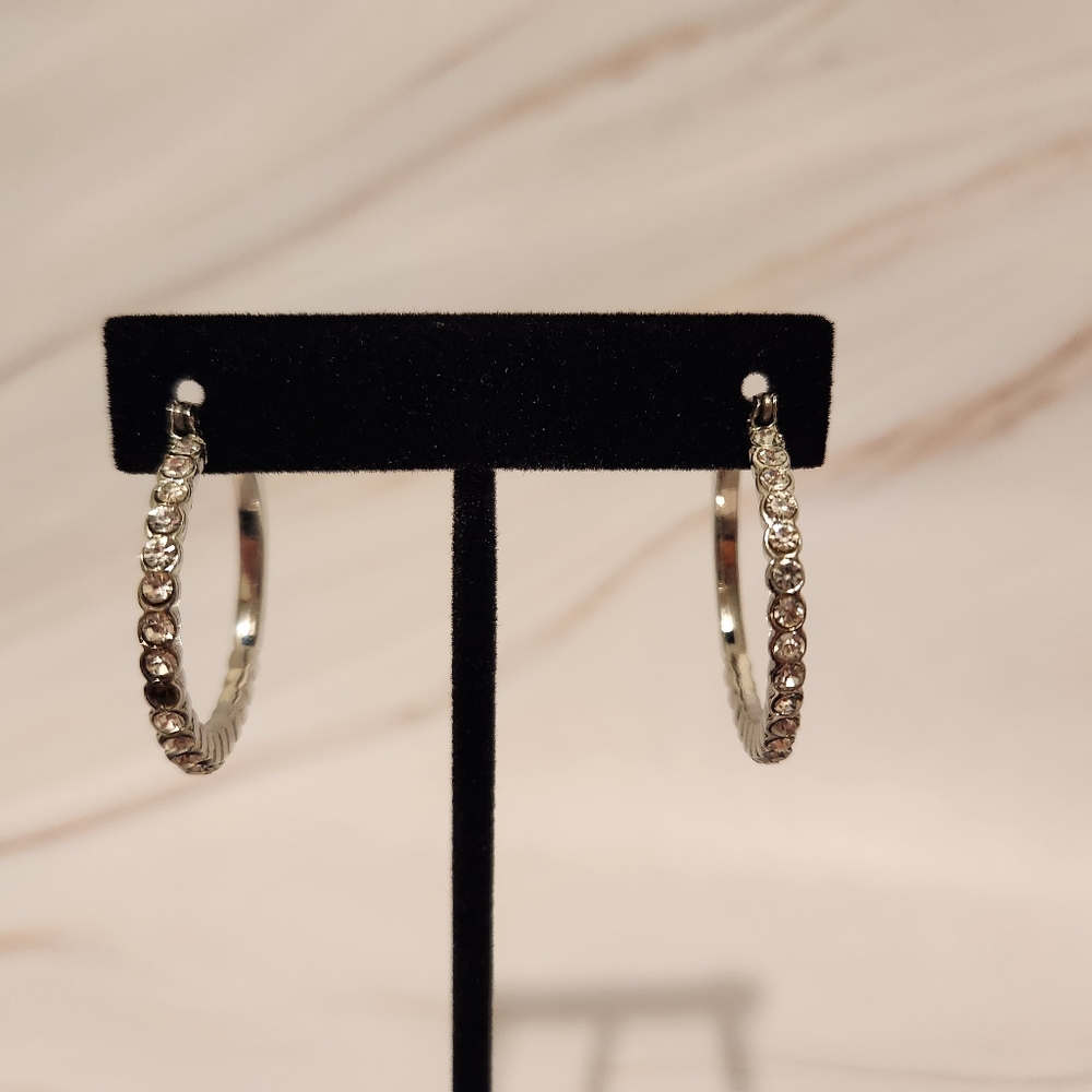 Silver Tone and Rhinestones Hoop Earrings